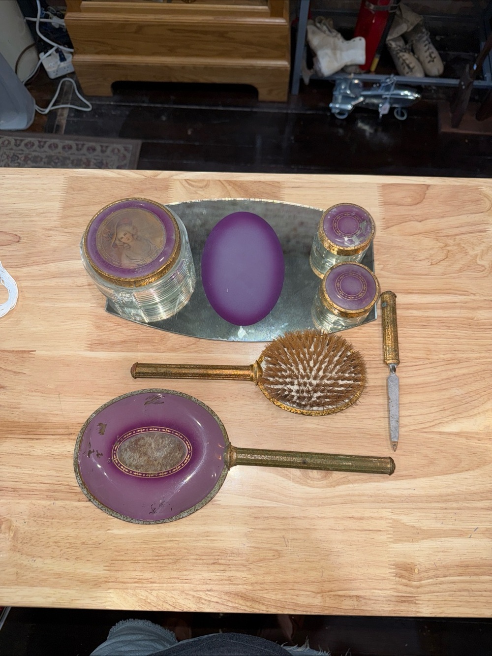 Vintage Purple Glass Vanity Set with Gold Accents